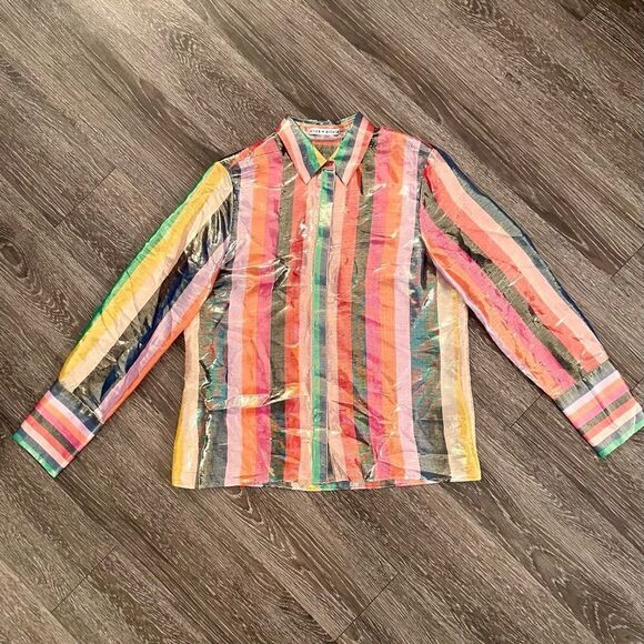 Alice + Olivia Rainbow Willa Metallic Striped Shirt - Picture 1 of 6